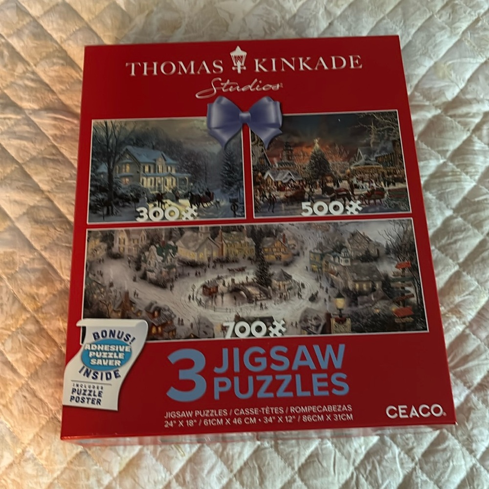 New!! Ceaco Thomas Kinkade Holiday Three Interlocking Jigsaw Puzzles